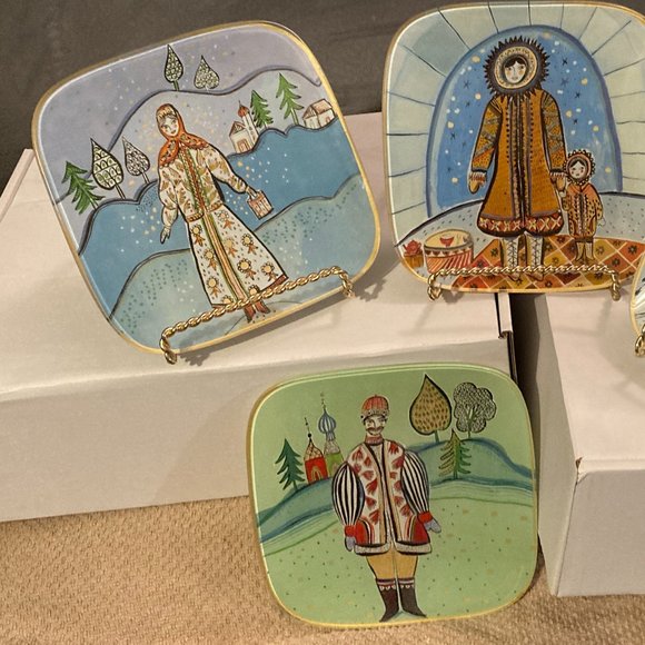 VTG Fragonard Parfumeur Folk Art Glass Decor Plates-Square Set of 4-5.75" D-EUC - Picture 10 of 12